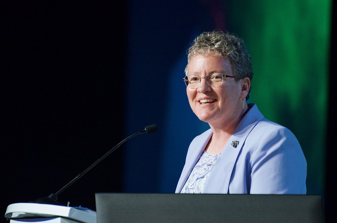 Sister Vicky Larson, president of the Leadership Conference of Women Religious, gives her presidential address Aug. 12, 2026, during LCWR's 70th anniversary assembly in Orlando, Fla. A member of the Presentation Sisters of South Dakota, Sister Vicky completed her one-year term as president at the close of the Aug. 11-14 assembly. (OSV News photo/Dan Stockman, Global Sisters Report)