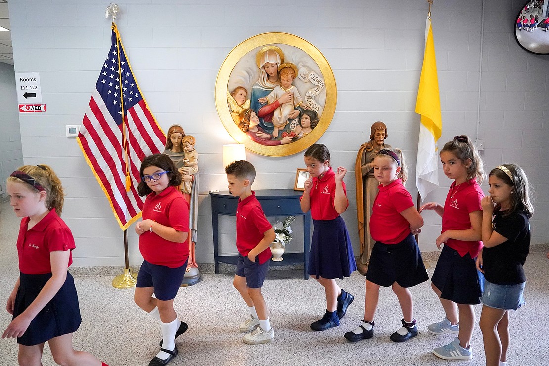 Third graders line up between classes on Sept. 10 at St. Mary’s School in Ballston Spa. (Cindy Schultz photo for The Evangelist)