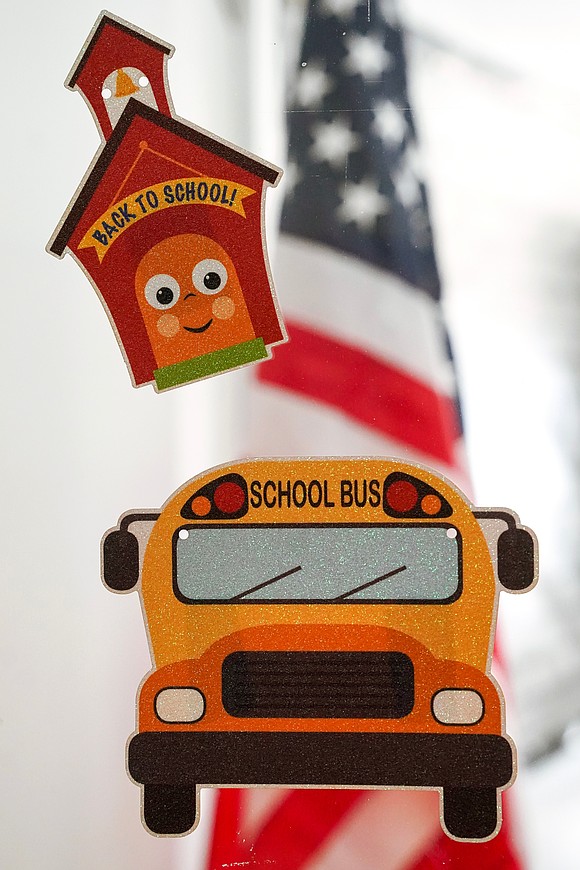 Stickers on a classroom window welcome students back to school on Sept. 10 at St. Mary’s School in Ballston Spa. (Cindy Schultz photo for The Evangelist)