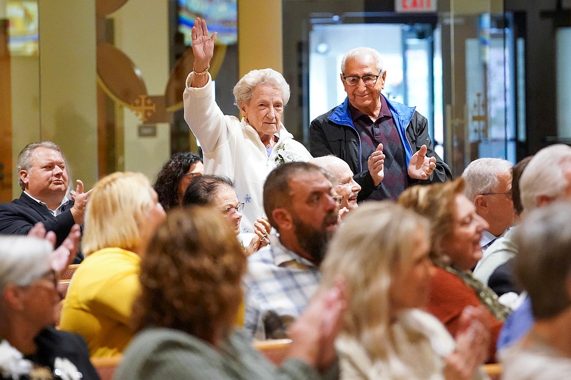 Kathleen and Vincent Carras receive recognition for their 70 years of marriage during the 54th Annual Diocesan Marriage Jubilee Celebration on Sunday, Sept. 27, at Christ Our Light Catholic Church in Loudonville. (Cindy Schultz photo for The Evangelist)