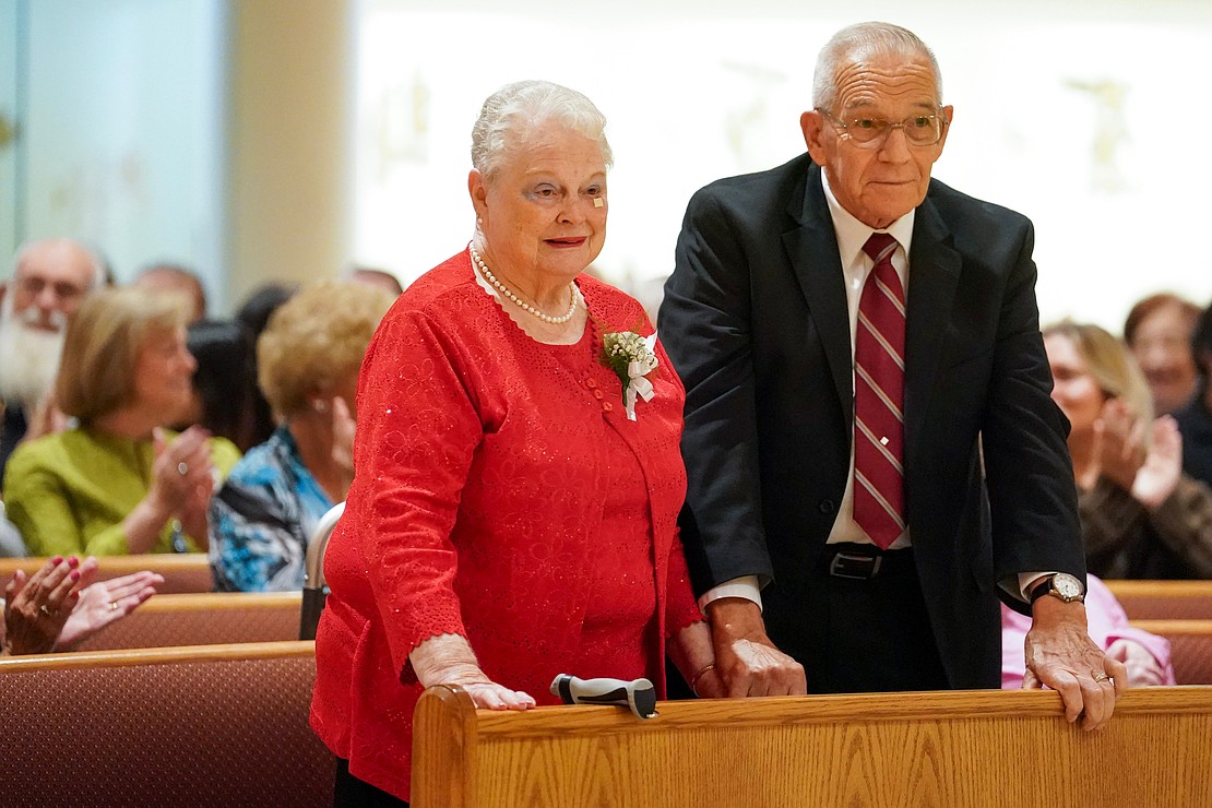 Joan and Dick VanPatten receive recognition for their 70 years of marriage during the 54th Annual Diocesan Marriage Jubilee Celebration on Sunday, Sept. 27, at Christ Our Light Catholic Church in Loudonville. (Cindy Schultz photo for The Evangelist)