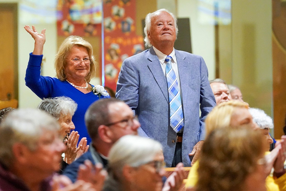 Elaine and John Brennan receive recognition for their 60 years of marriage during the 54th Annual Diocesan Marriage Jubilee Celebration on Sunday, Sept. 27, at Christ Our Light Catholic Church in Loudonville. (Cindy Schultz photo for The Evangelist)