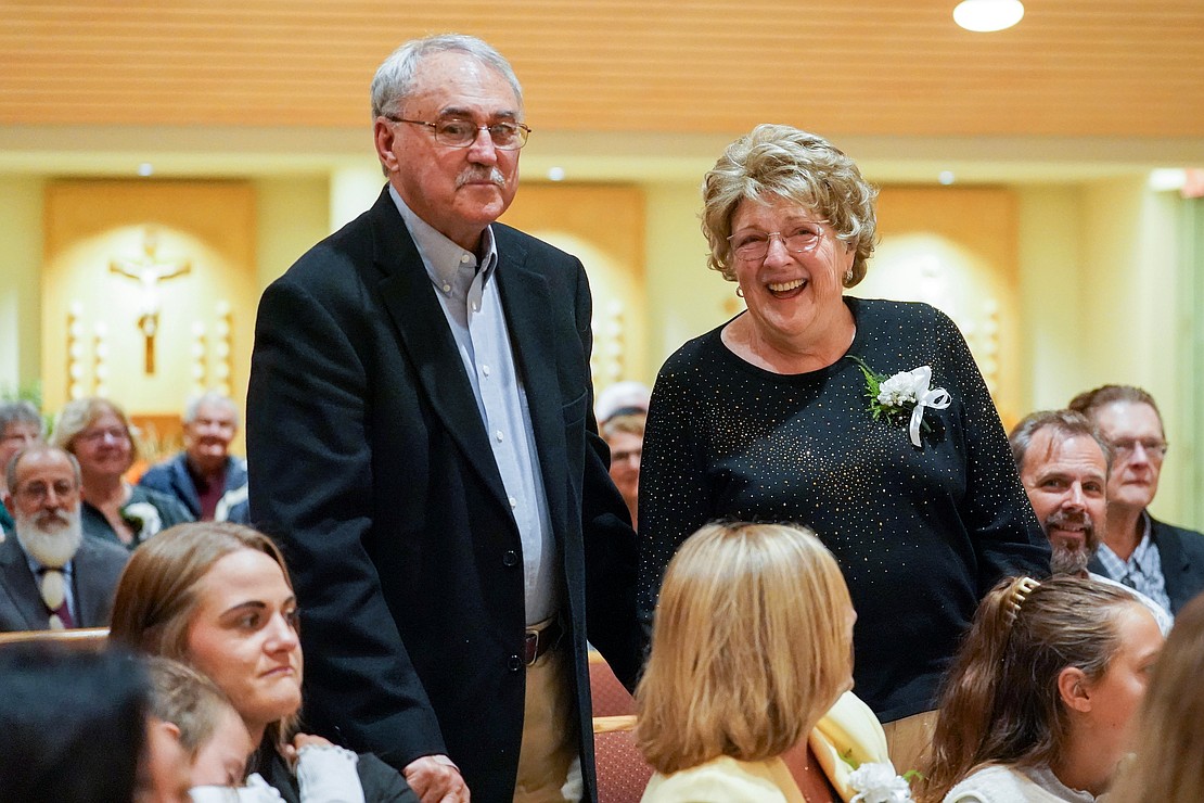 Ken and Barbara Opar receive recognition for their 55 years of marriage during the 54th Annual Diocesan Marriage Jubilee Celebration on Sunday, Sept. 27, at Christ Our Light Catholic Church in Loudonville. (Cindy Schultz photo for The Evangelist)