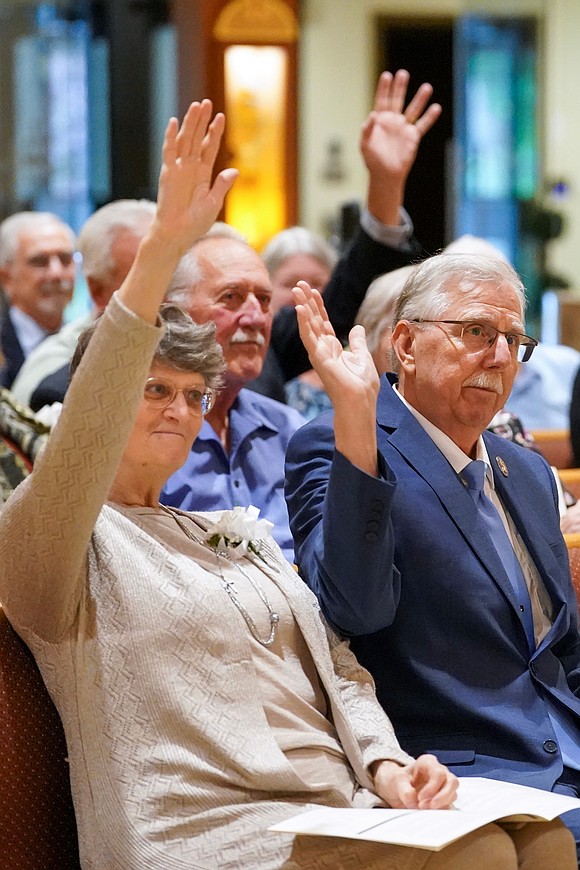 Valerie and Robert Kerker receive recognition for their years of marriage during the 54th Annual Diocesan Marriage Jubilee Celebration on Sunday, Sept. 27, at Christ Our Light Catholic Church in Loudonville. (Cindy Schultz photo for The Evangelist)
