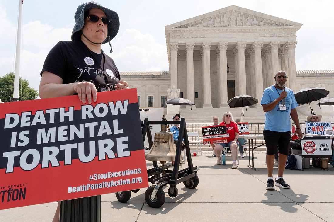 People participate in a rally to mark the anniversaries of the historic 1972 Furman and 1976 Gregg Supreme Court decisions on the death penalty in front of the U.S. Supreme Court in Washington June 29, 2026. (OSV News photo/Cheney Orr, Reuters)