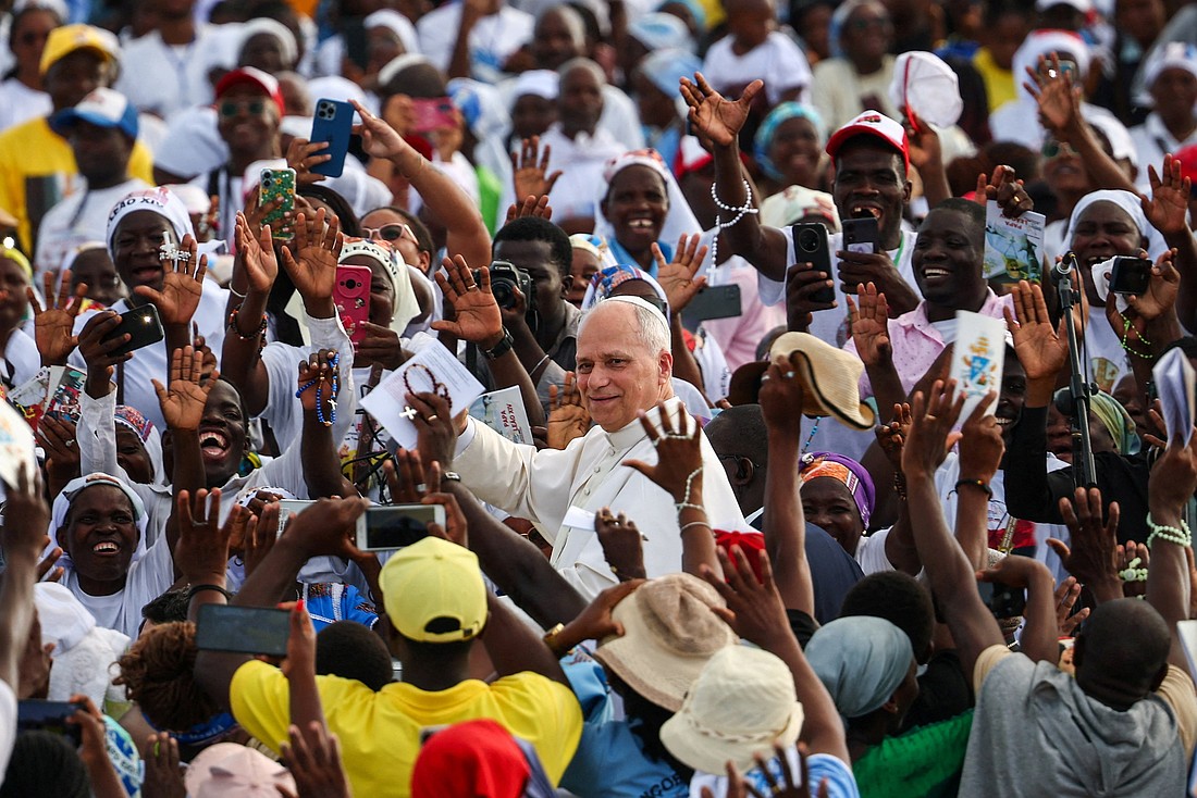 In his World Mission Sunday message, Pope Leo XIV says “Let us all commit to contributing to the great mission of evangelization — which is always a work of love —according to our own vocation and the gifts we have received.” In the photo: Pope Leo is shown amid the faithful, on the day he led those gathered at the “Mama Muxima” Shrine in praying the rosary in Muxima, Angola, on April 19 during his apostolic journey to the country. Thirty-eight percent of Angolan children under 5 years of age are undernourished. (OSV News photo)