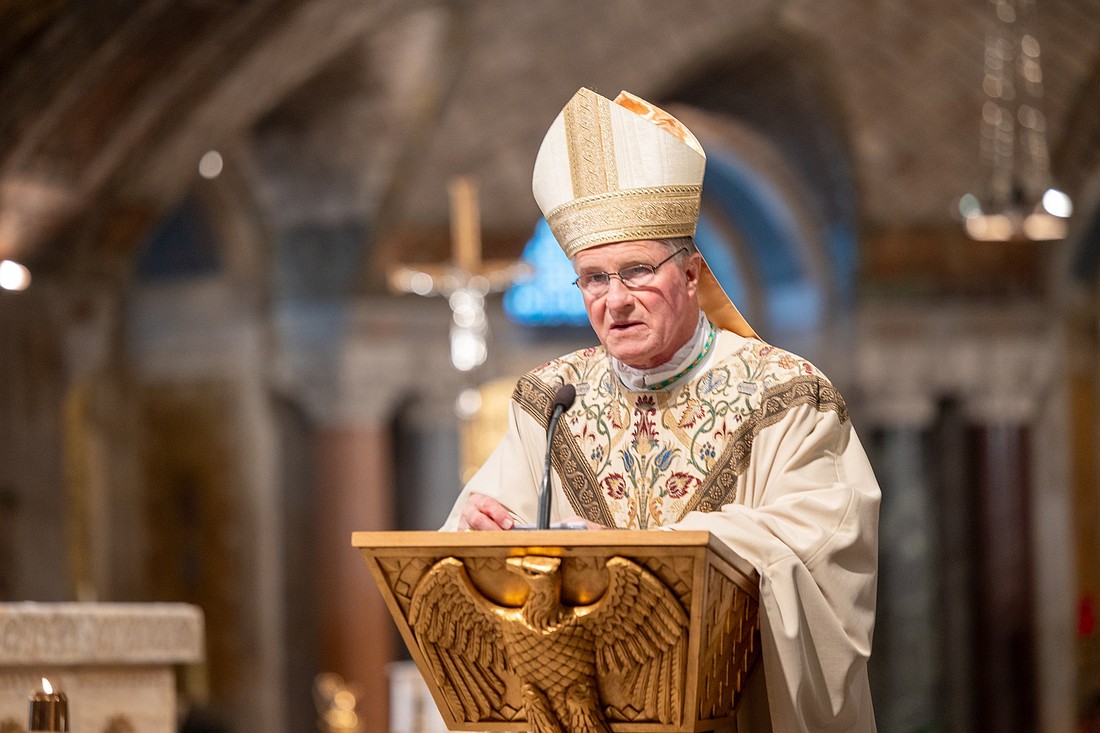 Archbishop Timothy P. Broglio of the U.S. Archdiocese for the Military Services delivers the homily during a Sept. 11, 2026, Mass at the Basilica of the National Shrine of the Immaculate Conception in Washington commemorating the 25th anniversary of Sept. 11, 2001, terrorist attacks. Just hours after his Oct. 12 audience with Pope Leo XIV, Archbishop Broglio issued a strong and lengthy statement against the planned livestreamed execution by firing squad of Fort Hood shooter Nidal Malik Hasan, calling it a "public spectacle of barbarically killing our adversaries." (OSV News photo/Mihoko Owada)