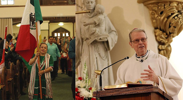 The Shrine Church of Our Lady of the Americas in Albany celebrated a Mass honoring Our Lady of Guadalupe with Bishop Edward B. Scharfenberger on Sunday, Dec. 15. According to CNS, “Our Lady of Guadalupe appeared to St. Juan Diego on Tepeyac Hill near Mexico City on Dec. 9 and Dec. 12, 1531, saying she wanted a church built in her honor on that hill. The bishop, who originally ignored Juan Diego, asked for a sign from her and Mary produced enough roses in December to fill his tilma, a type of outer garment. When he emptied the cloak and the roses fell in front of the bishop, he found that she had left her image on the cloak, which remains today in the Basilica of Our Lady of Guadalupe in Mexico City.” The feast day of Our Lady of Guadalupe is Dec. 12.   Bishop Scharfenberger delivers the homily in English and Spanish; Esty Zarza carries the Mexican flag as she leads the procession.  Photos by Thomas Killips