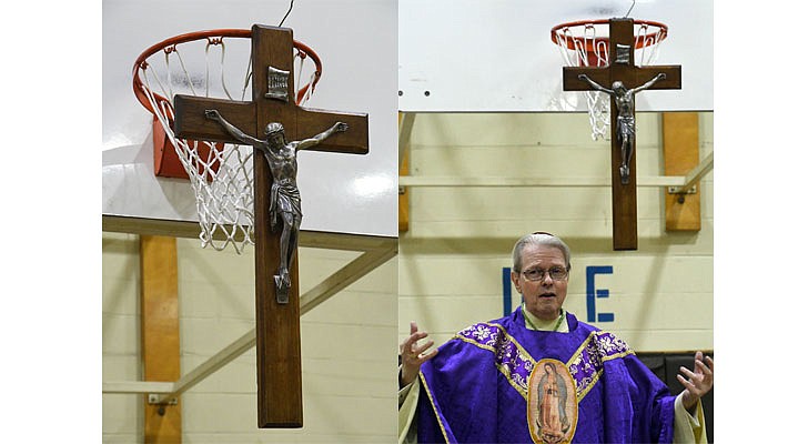 Bishop Edward B. Scharfenberger celebrated a special Christmas Mass for inmates at the Washington Correctional Facility in Comstock on Thursday, Dec. 19. Deacon Miguel Fabian, the facility’s chaplain, Father Rendell Torres and Deacon Ryan McNulty resided over the Mass, which was held in the facility’s gymnasium and attended by 33 inmates.   A cross is creatively hung on the rim of the basketball hoop during Mass.  Michael P. Farrell photos