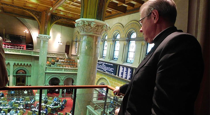 Bishop Edward B. Scharfenberger made his voice heard in the capital city of Albany, whether it was fighting for basic labor rights for farm workers at the Capitol Building, or voicing his displeasure at the passing of the Reproductive Health Act in January.   Franchesa Caputo photo 