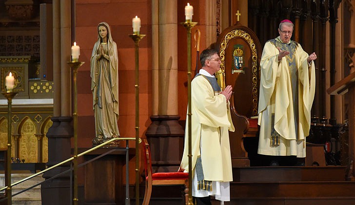 Bishop Edward B. Scharfenberger celebrated Divine Mercy Consecration at the Cathedral of the Immaculate Conception in Albany on Sunday, April 19. The Mass, which was closed to the public due to the coronavirus, was livestreamed from the diocesan website, www.rcda.org, to YouTube. (Cindy Schultz photos)