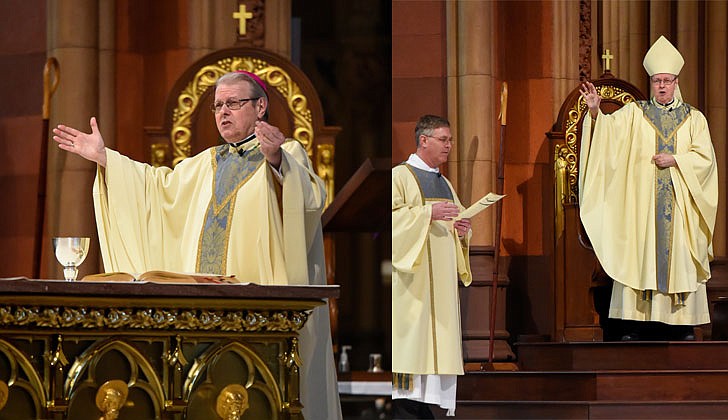 Bishop Edward B. Scharfenberger celebrated Divine Mercy Consecration at the Cathedral of the Immaculate Conception in Albany on Sunday, April 19. The Mass, which was closed to the public due to the coronavirus, was livestreamed from the diocesan website, www.rcda.org, to YouTube. (Cindy Schultz photos)