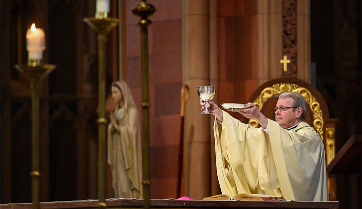 Bishop Edward B. Scharfenberger celebrated Divine Mercy Consecration at the Cathedral of the Immaculate Conception in Albany on Sunday, April 19. The Mass, which was closed to the public due to the coronavirus, was livestreamed from the diocesan website, www.rcda.org, to YouTube. (Cindy Schultz photos)