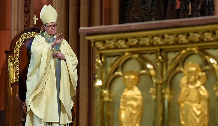 Bishop Edward B. Scharfenberger celebrated Divine Mercy Consecration at the Cathedral of the Immaculate Conception in Albany on Sunday, April 19. The Mass, which was closed to the public due to the coronavirus, was livestreamed from the diocesan website, www.rcda.org, to YouTube. (Cindy Schultz photos)