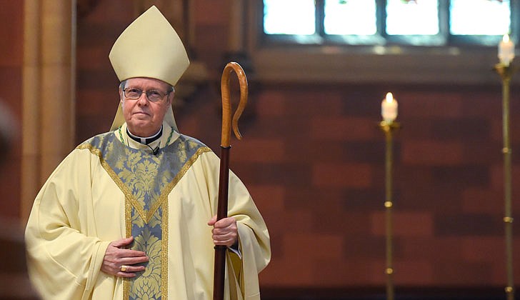 Bishop Edward B. Scharfenberger celebrated Divine Mercy Consecration at the Cathedral of the Immaculate Conception in Albany on Sunday, April 19. The Mass, which was closed to the public due to the coronavirus, was livestreamed from the diocesan website, www.rcda.org, to YouTube. (Cindy Schultz photos)