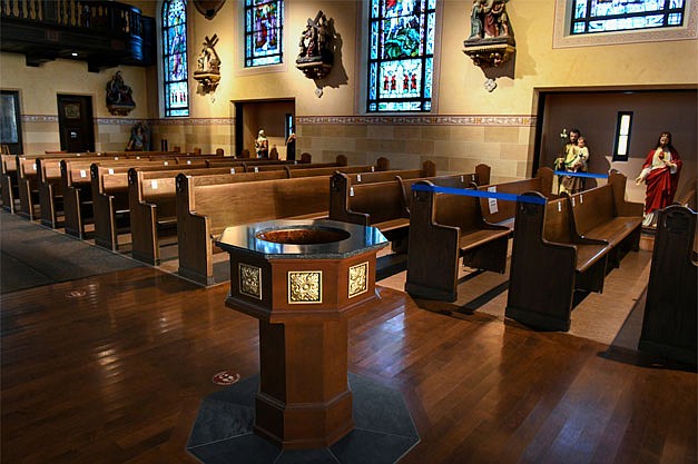 St. Anthony’s Church in Schenectady restoration includes: a Eucharistic reservation chapel with a movable wrought-iron screen (inset) decorated with gilded Eucharistic symbols, wheat and grapes; a refurbished sanctuary with all new stained glass. (Cindy Schultz photos)