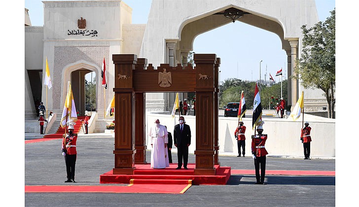 Pope Francis arrived in Baghdad, Iraq on Friday for his historic four-day visit to the Middle East nation. It is the first time a pope has ever visited Iraq and Pope Francis’ first foreign trip in 15 months because of the COVID-19 pandemic. The visit was to promote peace, tolerance and equality in the troubled nation.   Caption: Pope Francis and Iraqi President Barham Salih attend a welcoming ceremony at the presidential palace in Baghdad on March 5. (CNS photo/Vatican Media)