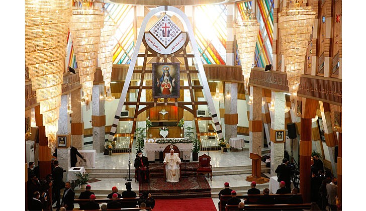 Pope Francis arrived in Baghdad, Iraq on Friday for his historic four-day visit to the Middle East nation. It is the first time a pope has ever visited Iraq and Pope Francis’ first foreign trip in 15 months because of the COVID-19 pandemic. The visit was to promote peace, tolerance and equality in the troubled nation.   Caption: Pope Francis leads a meeting with bishops, priests, religious men and women, seminarians and catechists in the Syriac Catholic Cathedral of Our Lady of Deliverance in Baghdad on March 5. (CNS photo/Paul Haring)