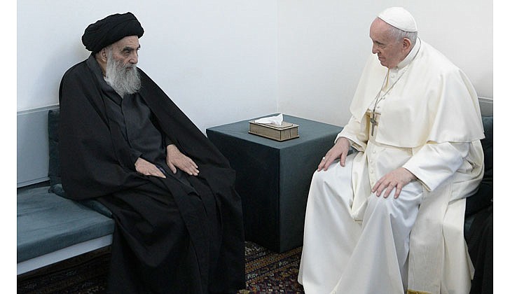 Pope Francis and Ayatollah Ali al-Sistani, one of Shiite Islam's most authoritative figures, meet during a courtesy visit in Najaf, Iraq, March 6, 2021. (CNS photo/Vatican Media)