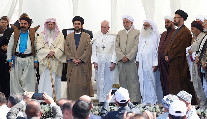 Pope Francis is pictured with religious leaders during an interreligious meeting on the plain of Ur near Nasiriyah, Iraq, March 6, 2021. (CNS photo/Paul Haring)