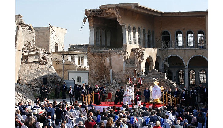 Pope Francis participates in a memorial prayer for the victims of the war at Hosh al-Bieaa (church square) in Mosul, Iraq, March 7, 2021. (CNS photo/Paul Haring)