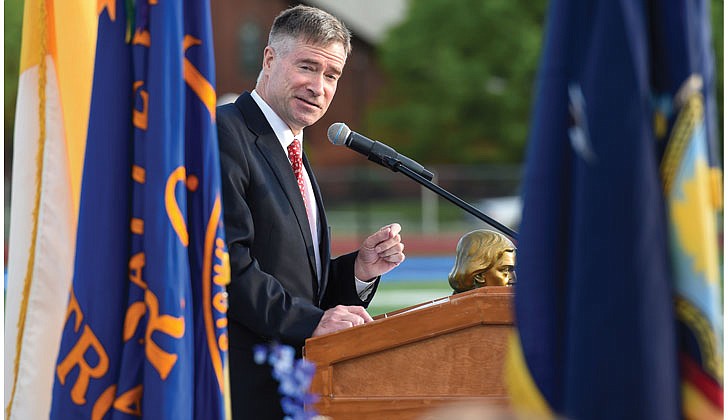 La Salle Institute in Troy held its graduation ceremony for its senior class on May 14 at its turf field. Dr. Chris Gibson, president of Siena College, decorated Army officer and a former member of the U.S. House of Representatives, was the keynote speaker. The 60 members of the class of 2021 were collectively accepted to 117 colleges and universities in 21 states and the District of Columbia and earned 163 scholarships totaling more than $11.9 million over four years. To remain compliant and adhering to all CDC and NYS guidelines, attendance was invite-only and the ceremony was livestreamed to accommodate those unable to attend in person.   Caption: Dr. Chris Gibson, former U.S. Representative and current president of Siena College, delivers the commencement address.  Cindy Schultz photos  