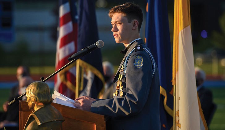 La Salle Institute in Troy held its graduation ceremony for its senior class on May 14 at its turf field. Dr. Chris Gibson, president of Siena College, decorated Army officer and a former member of the U.S. House of Representatives, was the keynote speaker. The 60 members of the class of 2021 were collectively accepted to 117 colleges and universities in 21 states and the District of Columbia and earned 163 scholarships totaling more than $11.9 million over four years. To remain compliant and adhering to all CDC and NYS guidelines, attendance was invite-only and the ceremony was livestreamed to accommodate those unable to attend in person.   Caption: Valedictorian Bennett Beaulieu delivers his address.  Cindy Schultz photos  