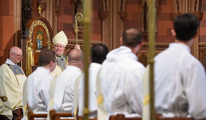 Deacons Matthew Duclos, Kyle Gorenski, Daniel McHale, Nathaniel Resila and Stephen Yusko were ordained into the priesthood at the Cathedral of the Immaculate Conception in Albany by Bishop Edward B. Scharfenberger on June 19.   Bishop Scharfenberger talks to the soon-to-be priests during his homily.  Photos by Cindy Schultz  