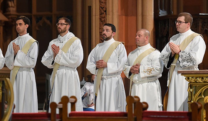 Deacons Matthew Duclos, Kyle Gorenski, Daniel McHale, Nathaniel Resila and Stephen Yusko were ordained into the priesthood at the Cathedral of the Immaculate Conception in Albany by Bishop Edward B. Scharfenberger on June 19.   The deacon candidates - Matthew Duclos (from l.), Stephen Yusko, Daniel McHale, Kyle Gorenski and Nathaniel Resila - are presented to Bishop Scharfenberger.  Photos by Cindy Schultz  