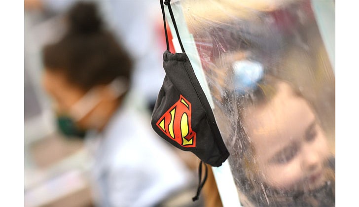Payton Sawyer's Superman mask hangs on the desk barriers in his Pre-K and kindergarten class on Jan. 28 at St. Kateri Tekakwitha Parish School in Niskayuna. (Cindy Schultz for The Evangelist)