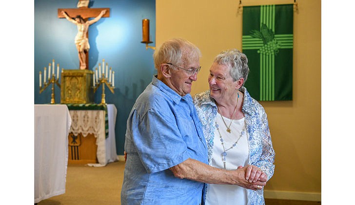 Ray Germain and Joanne McKeon celebrate five years of marriage and renew their vows on July 11 at St. Joseph’s Church in Greenfield Center. Ray was married to his late wife, Marcia, for 55 years and Joanne was married to her late husband, Ward, for 40 years. Their years together equal a total of 100 years of marriage. (Cindy Schultz for The Evangelist)