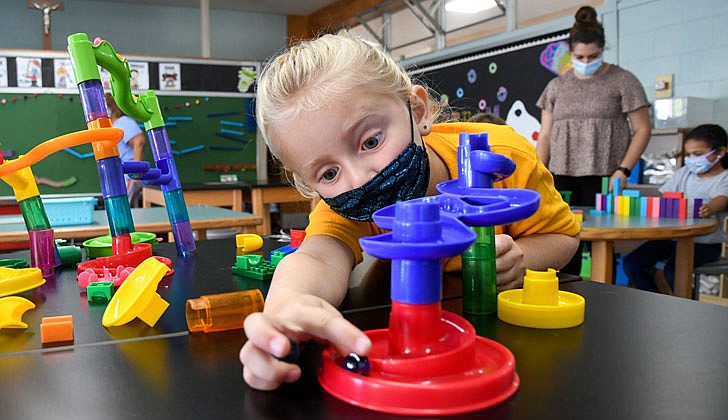 Emma Godfrey, 4, sends a marble down a twisty ramp during a STEM class on Sept. 16 at St. Mary’s School in Waterford. (Cindy Schultz for The Evangelist)