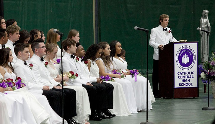 Catholic Central High School in Troy held its graduation on Saturday, June 8, at Hudson Valley Community College.   Salutatorian Nate Spoor delivers his speech.  Photos by Nate Whitchurch