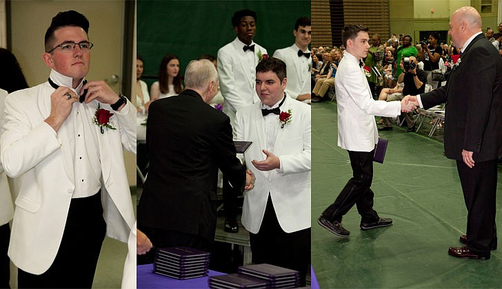 Catholic Central High School in Troy held its graduation on Saturday, June 8, at Hudson Valley Community College.   Tanner Gamache, from left, fixes his bowtie before the graduation;  Thomas Downey receives his diploma from Bishop Emeritus Howard J. Hubbard; and Principal Christopher Signore congratulates Evan McShane on his graduation.  Photos by Nate Whitchurch