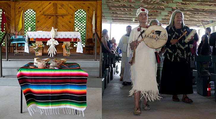 It was Saint Kateri Tekakwitha Feast Day weekend at the Saint Kateri Tekakwitha National Shrine and Historic Site in Fonda on July 13-14. Bishop Edward B. Scharfenberger celebrated Mass on Sunday along with Father James McCurry, OFM, and Father Tim Lyons. The Mass featured a smudging ritual and Four Direction Purification Ceremony.  Sacred herbs and plants for the Sweetgrass Blessing are placed before the altar and Terry Steele and Donna Naughton lead the procession to the altar.  Photos by Nate Whitchurch. 