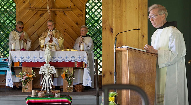 It was Saint Kateri Tekakwitha Feast Day weekend at the Saint Kateri Tekakwitha National Shrine and Historic Site in Fonda on July 13-14. Bishop Edward B. Scharfenberger celebrated Mass on Sunday along with Father James McCurry, OFM, and Father Tim Lyons. The Mass featured a smudging ritual and Four Direction Purification Ceremony.  Bishop Scharfenberger leads the Liturgy of the Eucharist along with Father Lyons and Father McCurrry; Father McCurry reads from the Gospel.  Photos by Nate Whitchurch. 