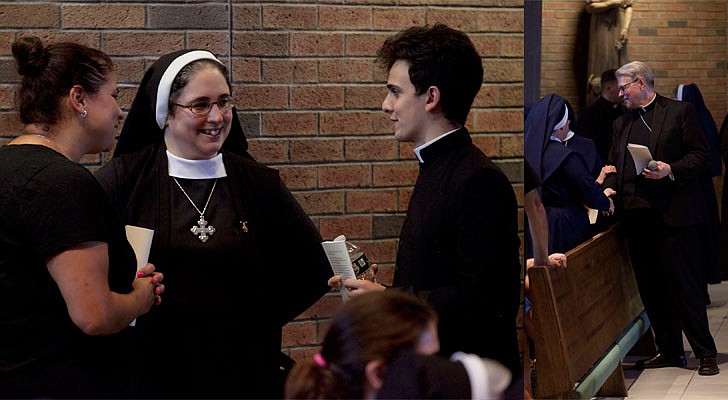 The 2019 Concert for Vocations was held on Tuesday, Aug. 6, at St. Pius X Church in Loudonville. The evening started with a holy hour and benediction from Bishop Edward B. Scharfenberger and was followed by a concert by the priests, seminarians, deacons and religious of the Diocese of Albany.   Photo: Seminarian Patrick Sweeney talks to Sister Laurie Marie Parisi and Katie Parisi before the concert begins, and Bishop Scharfenberger stops to speak with Sister James Marie.  Photos by Nate Whitchurch 