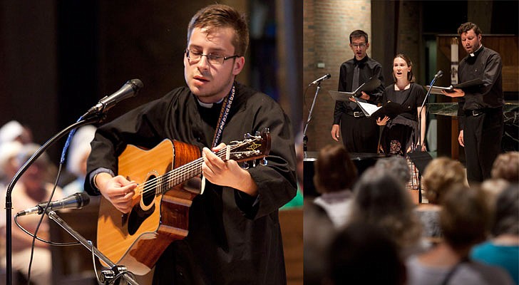 The 2019 Concert for Vocations was held on Tuesday, Aug. 6, at St. Pius X Church in Loudonville. The evening started with a holy hour and benediction from Bishop Edward B. Scharfenberger and was followed by a concert by the priests, seminarians, deacons and religious of the Diocese of Albany.   Seminarian Thomas Yakalis plays “Rock of Ages” on his guitar, and Father Dan Quinn joins Dr. Timothy Reno and Andrea Reno in singing “God to Enfold Me.”   Photos by Nate Whitchurch 