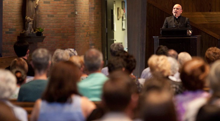 The 2019 Concert for Vocations was held on Tuesday, Aug. 6, at St. Pius X Church in Loudonville. The evening started with a holy hour and benediction from Bishop Edward B. Scharfenberger and was followed by a concert by the priests, seminarians, deacons and religious of the Diocese of Albany.   Photo: Father Anthony Ligato welcomes the audience.  Photos by Nate Whitchurch