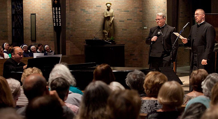 The 2019 Concert for Vocations was held on Tuesday, Aug. 6, at St. Pius X Church in Loudonville. The evening started with a holy hour and benediction from Bishop Edward B. Scharfenberger and was followed by a concert by the priests, seminarians, deacons and religious of the Diocese of Albany.   Photo: Bishop Edward Scharfenberger and seminarian Marko Pranic sing “Time to Say Goodbye” as Father Quy Vo plays piano.  Photos by Nate Whitchurch