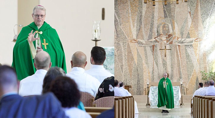 Future deacons celebrated the Rite of Admission to Candidacy for Holy Orders on Sunday,  Sept. 15, in a ceremony held at St. Joseph’s Chapel at St. Joseph's Provincial House in Latham with Bishop Edward B. Scharfenberger presiding. In this rite, candidates offer themselves to God and the Church, an official recognition of a vocation. Candidates and their wives, if they're married, attend a retreat before the ceremony.    Bishop Scharfenberger delivers his homily.  Photos by Nate Whitchurch